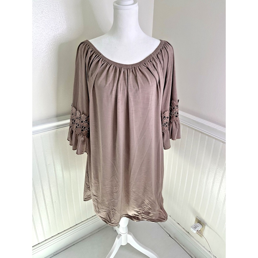 Win Win Pleated Round Neck Ruffle Sleeve‎ Bronze Tunic Top Women Size L/XL
